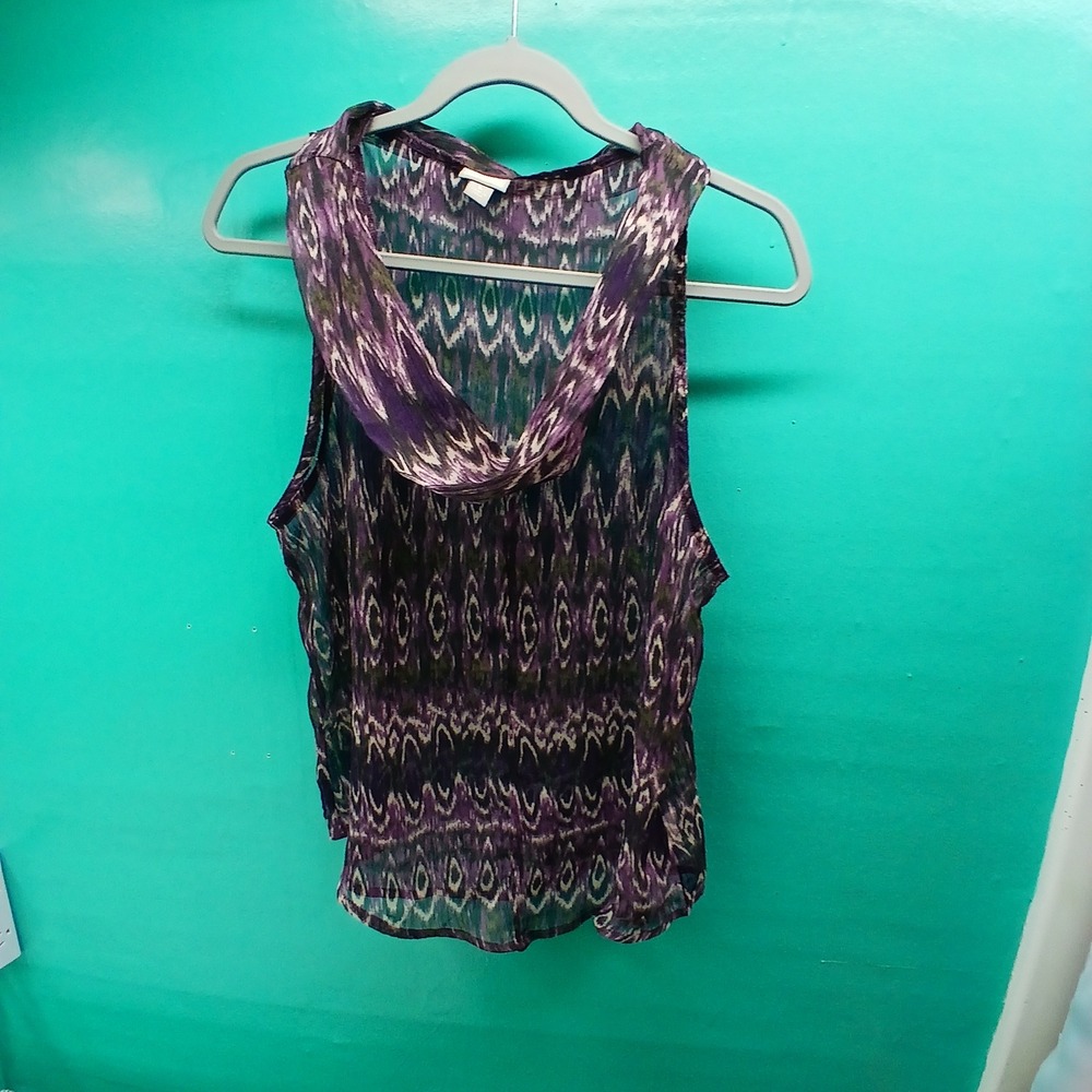 Converse One Star Cowl Neck Tank L Purple Ikat Boho Sheer Chiffon Sleeveless Top